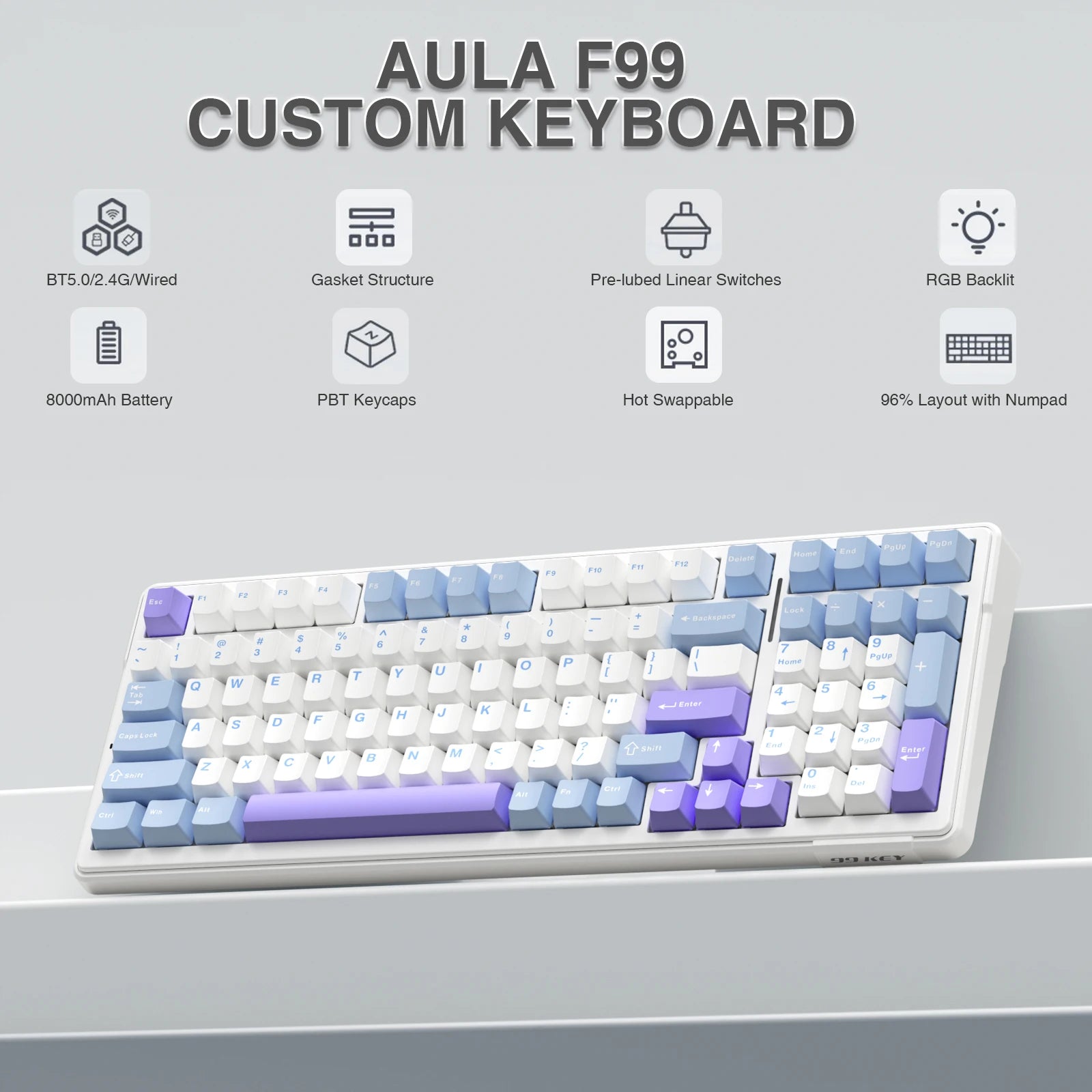 AULA F99 Wireless Mechanical Keyboard Tri-Mode Hot Swappable Custom Keyboard Gasket Structure for PC/Tablet/Xbox/PS4/PS5