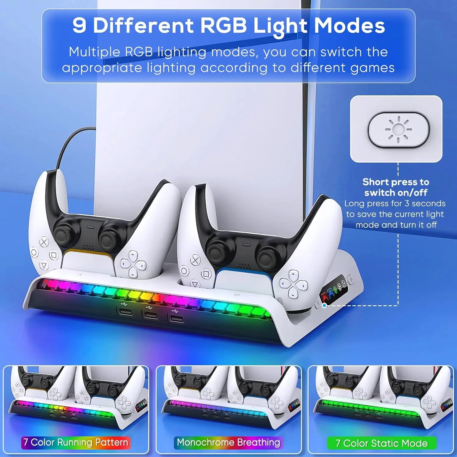 IPEGA Charging Stand with Cooling Fan for PS5 Slim Digital/Disc Console, Dual Controller with 9 RGB Lights PG-P5S006