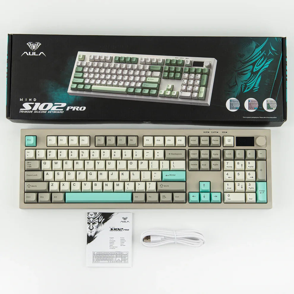AULA S102 PRO Tri-model Silent Membrane Keyboard 2.4G Wireless TFT Display Volume Knob RGB Full Size ANSI US for PC Game Office